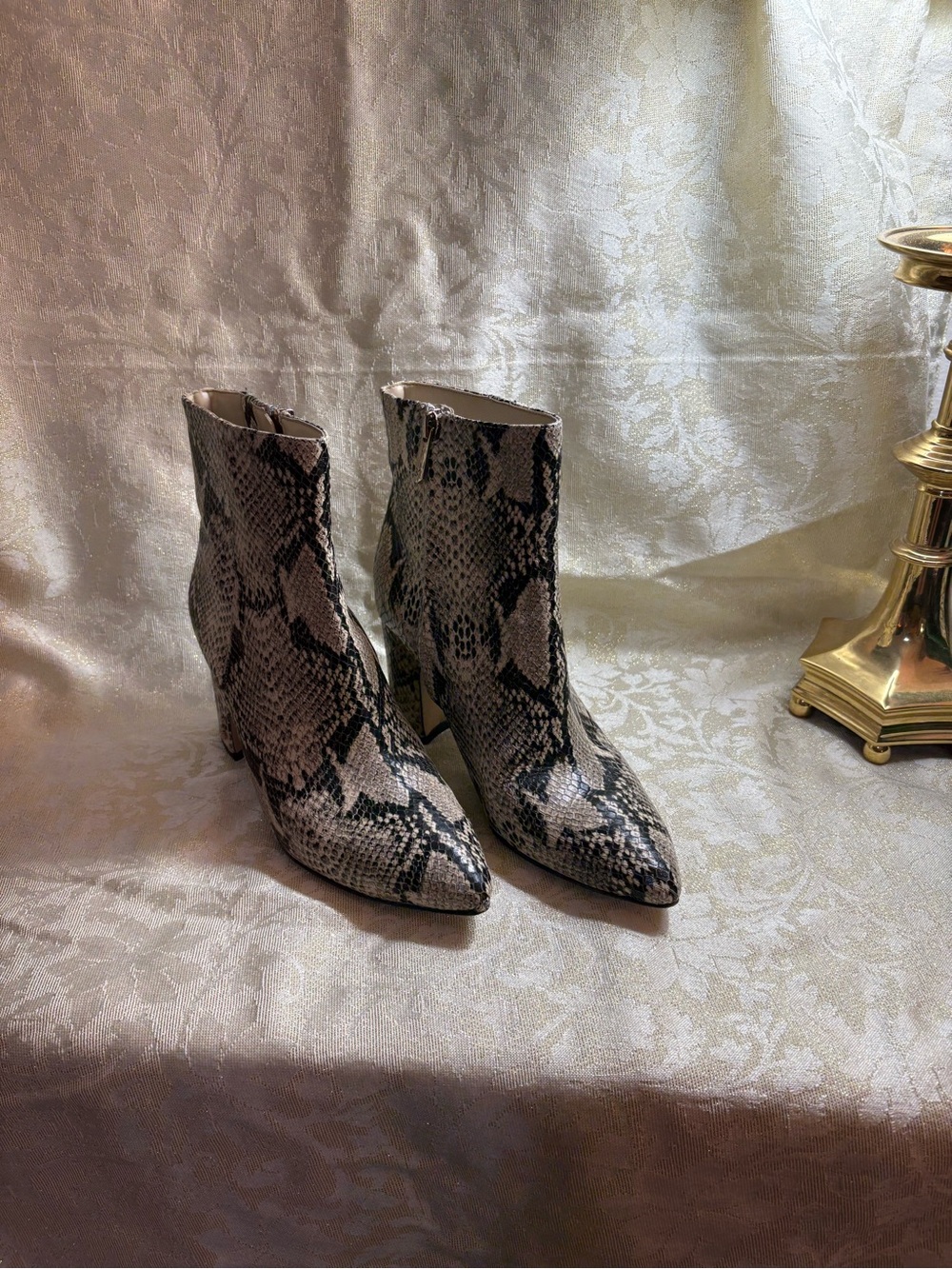 Sam Edelman Snake-Print Pointed Toe Ankle Booties - Black & Cream